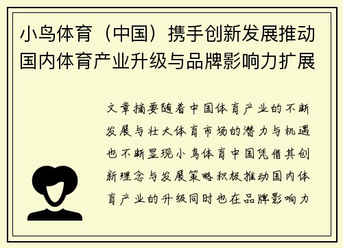小鸟体育（中国）携手创新发展推动国内体育产业升级与品牌影响力扩展
